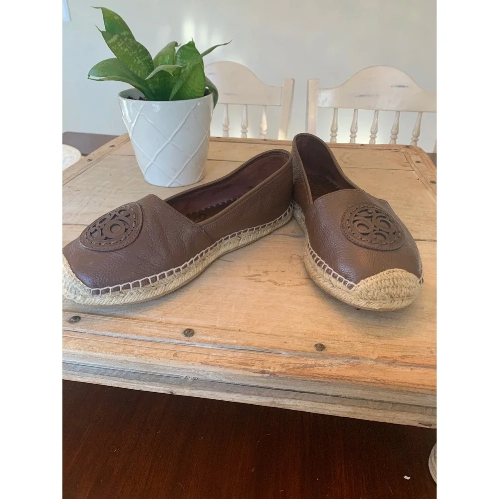 Brighton Groove Brown Pebbled Leather Espadrille Flats Medallion Womens 7‎
